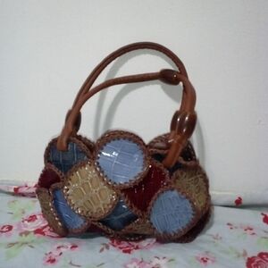 Patchwork Handbag - Brown, Blue, Red